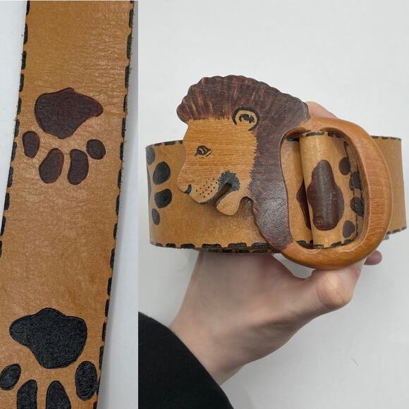 Vintage leather lion head animal paw print belt brown adjustable - Picture 2 of 9